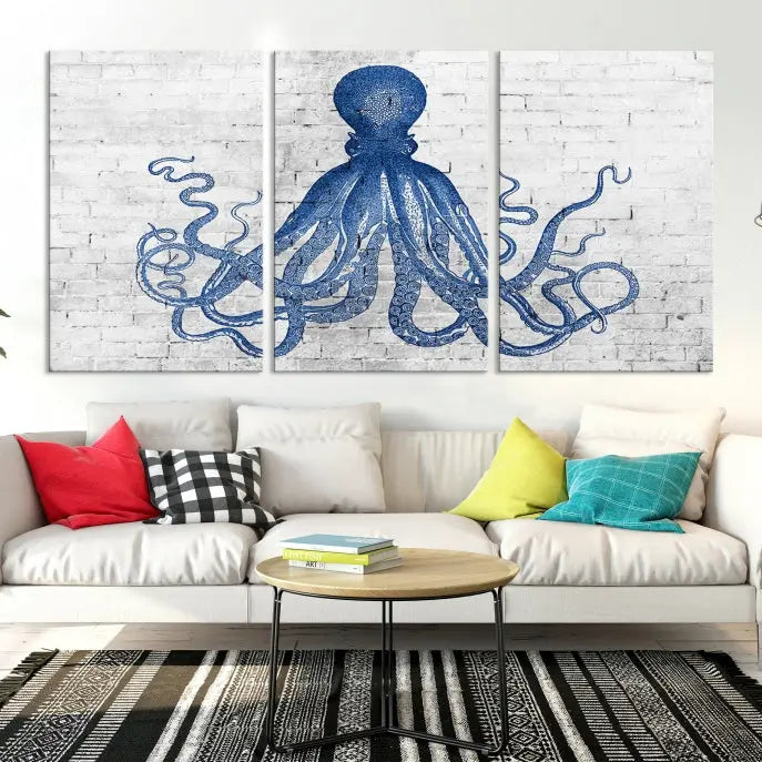 Living room showcasing the "Octopus with Brick Wall Background Abstract Wall Art Canvas Print" on gallery-wrapped canvas against a white brick wall with UV-protective coating for lasting vibrancy.