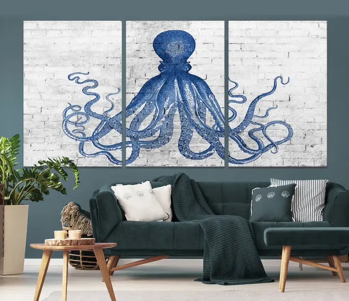 Living room showcasing the "Octopus with Brick Wall Background Abstract Wall Art Canvas Print" on gallery-wrapped canvas against a white brick wall with UV-protective coating for lasting vibrancy.