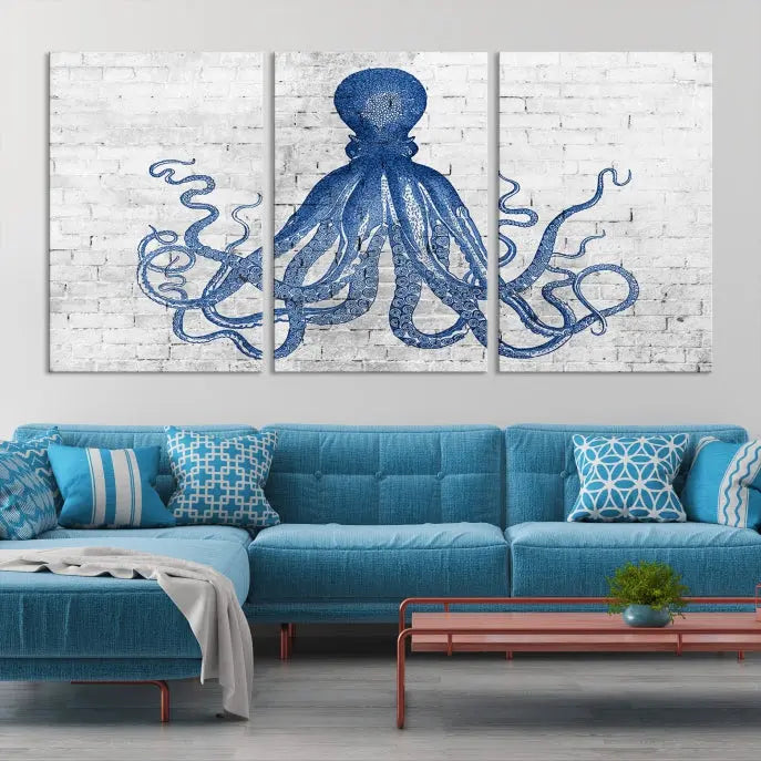 Living room showcasing the "Octopus with Brick Wall Background Abstract Wall Art Canvas Print" on gallery-wrapped canvas against a white brick wall with UV-protective coating for lasting vibrancy.