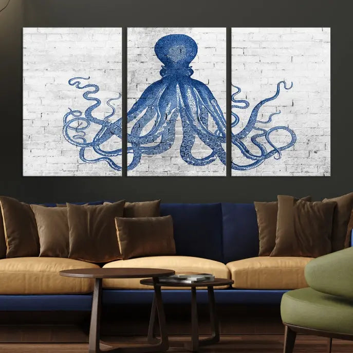 Living room showcasing the "Octopus with Brick Wall Background Abstract Wall Art Canvas Print" on gallery-wrapped canvas against a white brick wall with UV-protective coating for lasting vibrancy.