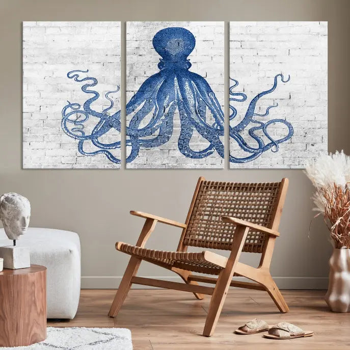 Living room showcasing the "Octopus with Brick Wall Background Abstract Wall Art Canvas Print" on gallery-wrapped canvas against a white brick wall with UV-protective coating for lasting vibrancy.