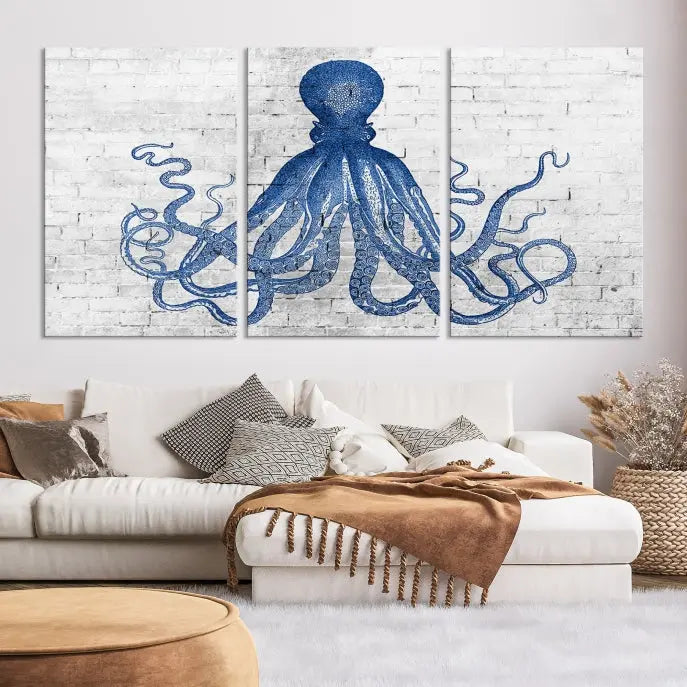 Living room showcasing the "Octopus with Brick Wall Background Abstract Wall Art Canvas Print" on gallery-wrapped canvas against a white brick wall with UV-protective coating for lasting vibrancy.