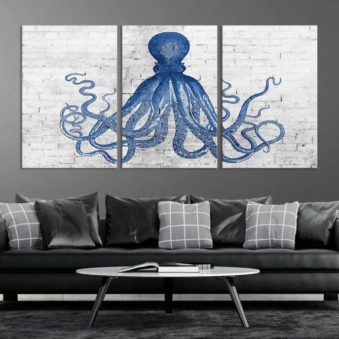 Living room showcasing the "Octopus with Brick Wall Background Abstract Wall Art Canvas Print" on gallery-wrapped canvas against a white brick wall with UV-protective coating for lasting vibrancy.