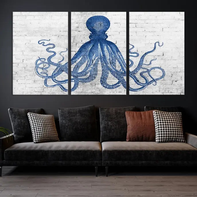 Living room showcasing the "Octopus with Brick Wall Background Abstract Wall Art Canvas Print" on gallery-wrapped canvas against a white brick wall with UV-protective coating for lasting vibrancy.