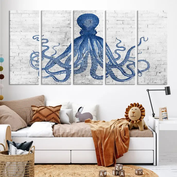 Living room showcasing the "Octopus with Brick Wall Background Abstract Wall Art Canvas Print" on gallery-wrapped canvas against a white brick wall with UV-protective coating for lasting vibrancy.