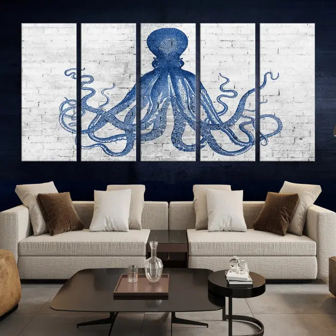 Living room showcasing the "Octopus with Brick Wall Background Abstract Wall Art Canvas Print" on gallery-wrapped canvas against a white brick wall with UV-protective coating for lasting vibrancy.