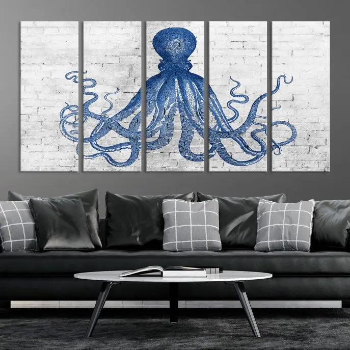 Living room showcasing the "Octopus with Brick Wall Background Abstract Wall Art Canvas Print" on gallery-wrapped canvas against a white brick wall with UV-protective coating for lasting vibrancy.