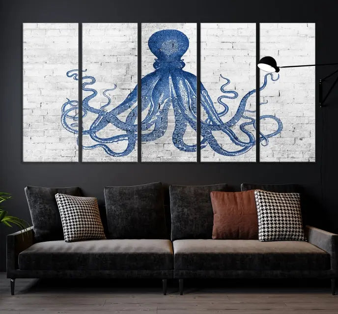 Living room showcasing the "Octopus with Brick Wall Background Abstract Wall Art Canvas Print" on gallery-wrapped canvas against a white brick wall with UV-protective coating for lasting vibrancy.