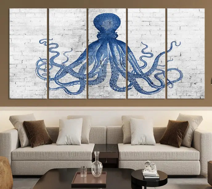 Living room showcasing the "Octopus with Brick Wall Background Abstract Wall Art Canvas Print" on gallery-wrapped canvas against a white brick wall with UV-protective coating for lasting vibrancy.