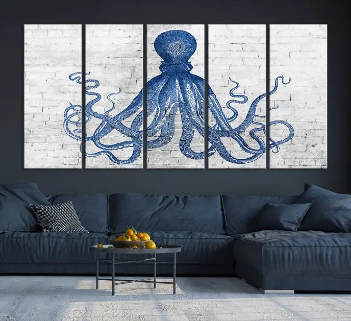 Living room showcasing the "Octopus with Brick Wall Background Abstract Wall Art Canvas Print" on gallery-wrapped canvas against a white brick wall with UV-protective coating for lasting vibrancy.