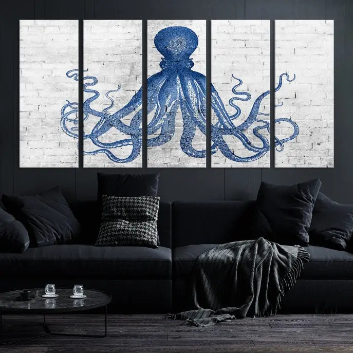 Living room showcasing the "Octopus with Brick Wall Background Abstract Wall Art Canvas Print" on gallery-wrapped canvas against a white brick wall with UV-protective coating for lasting vibrancy.