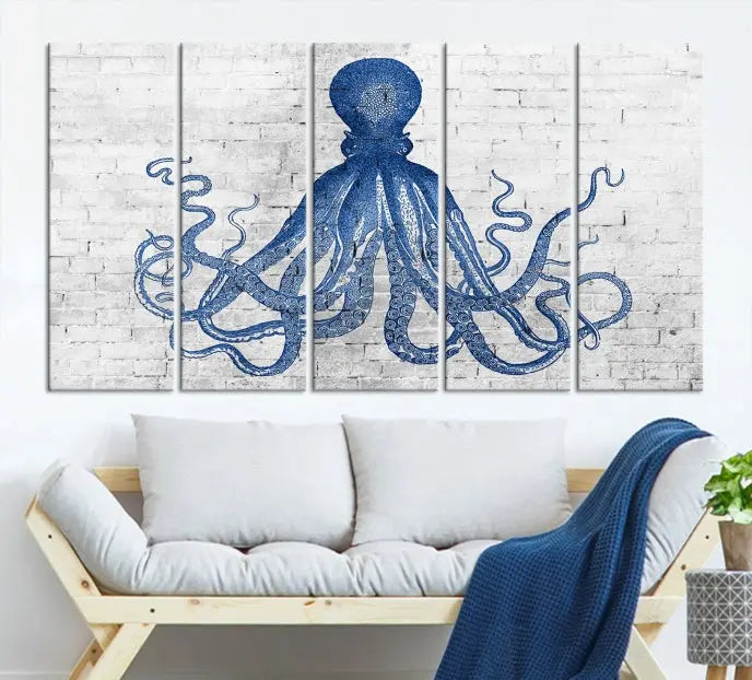 Living room showcasing the "Octopus with Brick Wall Background Abstract Wall Art Canvas Print" on gallery-wrapped canvas against a white brick wall with UV-protective coating for lasting vibrancy.