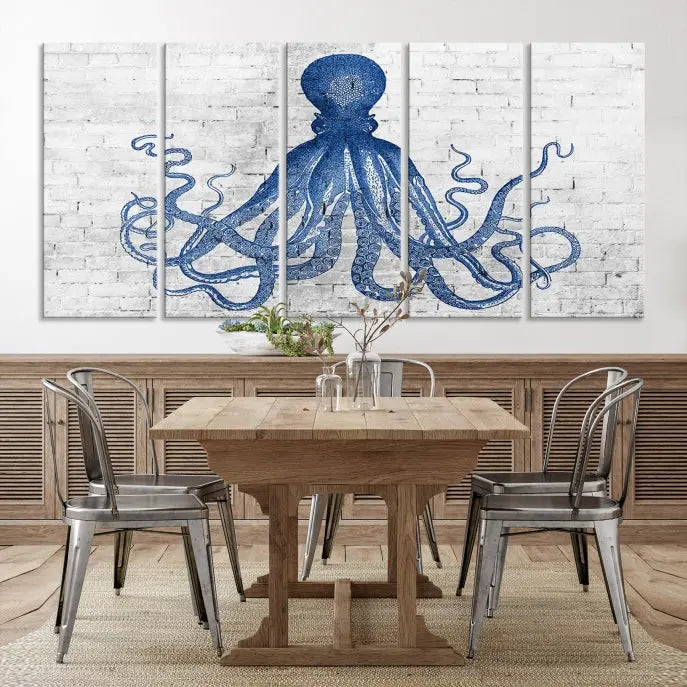 Living room showcasing the "Octopus with Brick Wall Background Abstract Wall Art Canvas Print" on gallery-wrapped canvas against a white brick wall with UV-protective coating for lasting vibrancy.