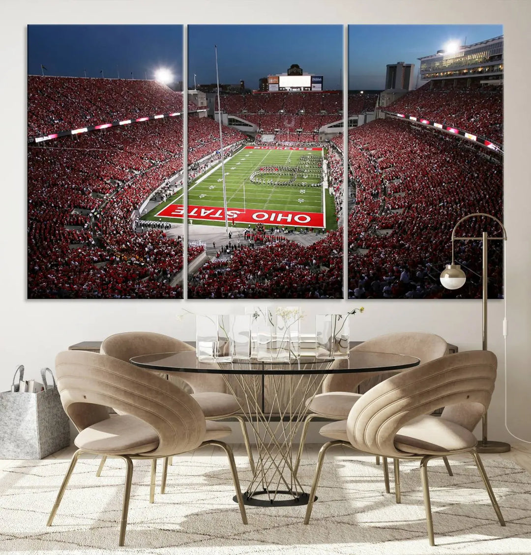 The Ohio State University Buckeyes Football Team Print, showcasing a vibrant view of the Columbus Ohio Stadium, is displayed in a modern room. Its gallery-quality finish enhances the space.