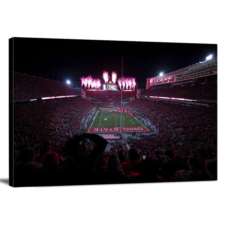 The living room features a breathtaking Ohio State University Buckeyes Football Team Print, depicting a stadium packed with fans, fireworks illuminating the sky, and Ohio State on the field. This Columbus Ohio Stadium Wall Art Canvas Print offers a vibrant display with a gallery-quality finish that instantly draws attention.