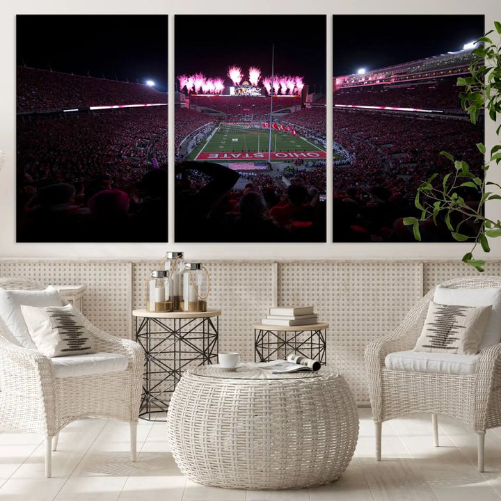 The living room features a breathtaking Ohio State University Buckeyes Football Team Print, depicting a stadium packed with fans, fireworks illuminating the sky, and Ohio State on the field. This Columbus Ohio Stadium Wall Art Canvas Print offers a vibrant display with a gallery-quality finish that instantly draws attention.