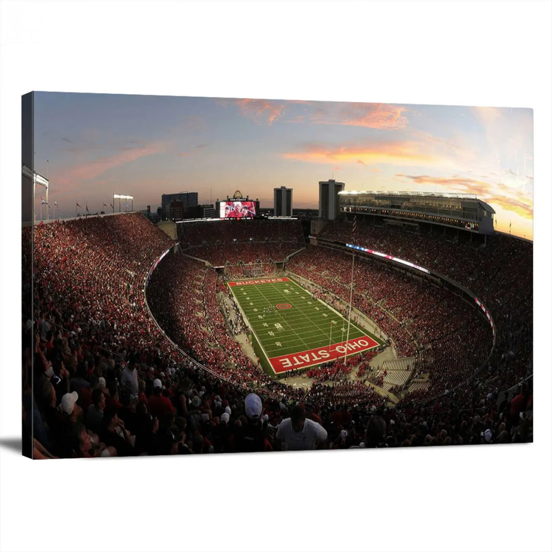 An Ohio State University Buckeyes Football Team print featuring the Columbus Ohio Stadium, beautifully crafted on premium canvas for a gallery-quality finish, adorns the wall.