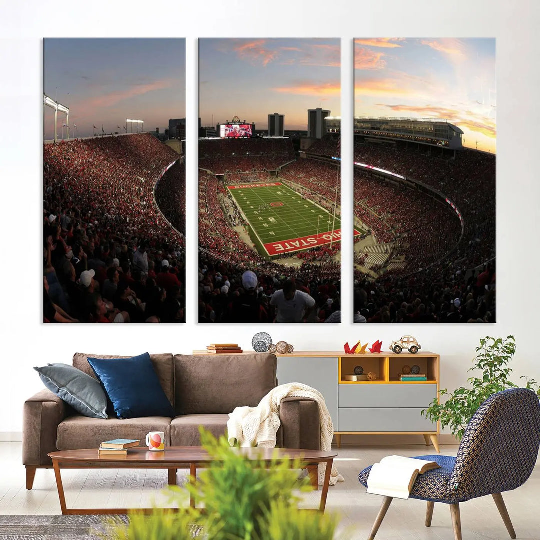 An Ohio State University Buckeyes Football Team print featuring the Columbus Ohio Stadium, beautifully crafted on premium canvas for a gallery-quality finish, adorns the wall.