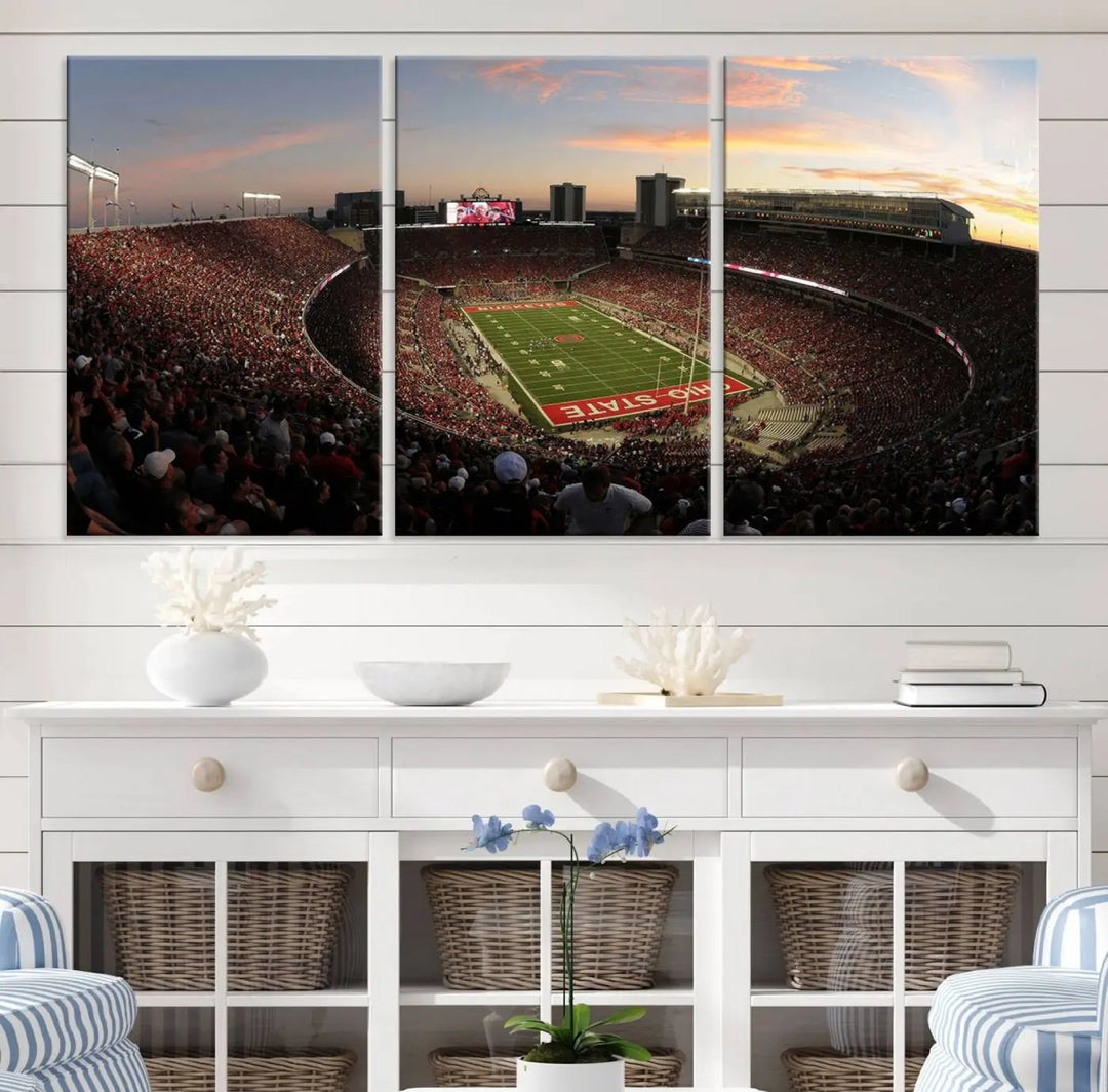 An Ohio State University Buckeyes Football Team print featuring the Columbus Ohio Stadium, beautifully crafted on premium canvas for a gallery-quality finish, adorns the wall.