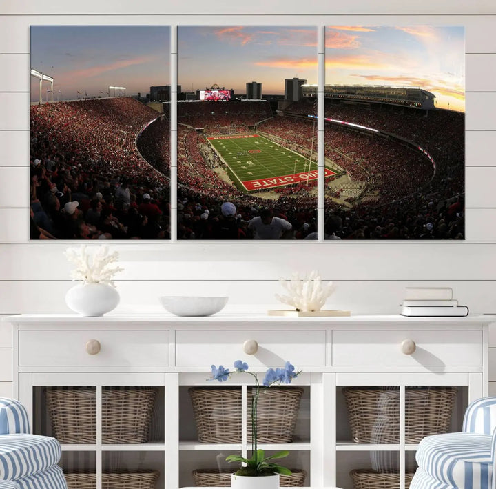 An Ohio State University Buckeyes Football Team print featuring the Columbus Ohio Stadium, beautifully crafted on premium canvas for a gallery-quality finish, adorns the wall.