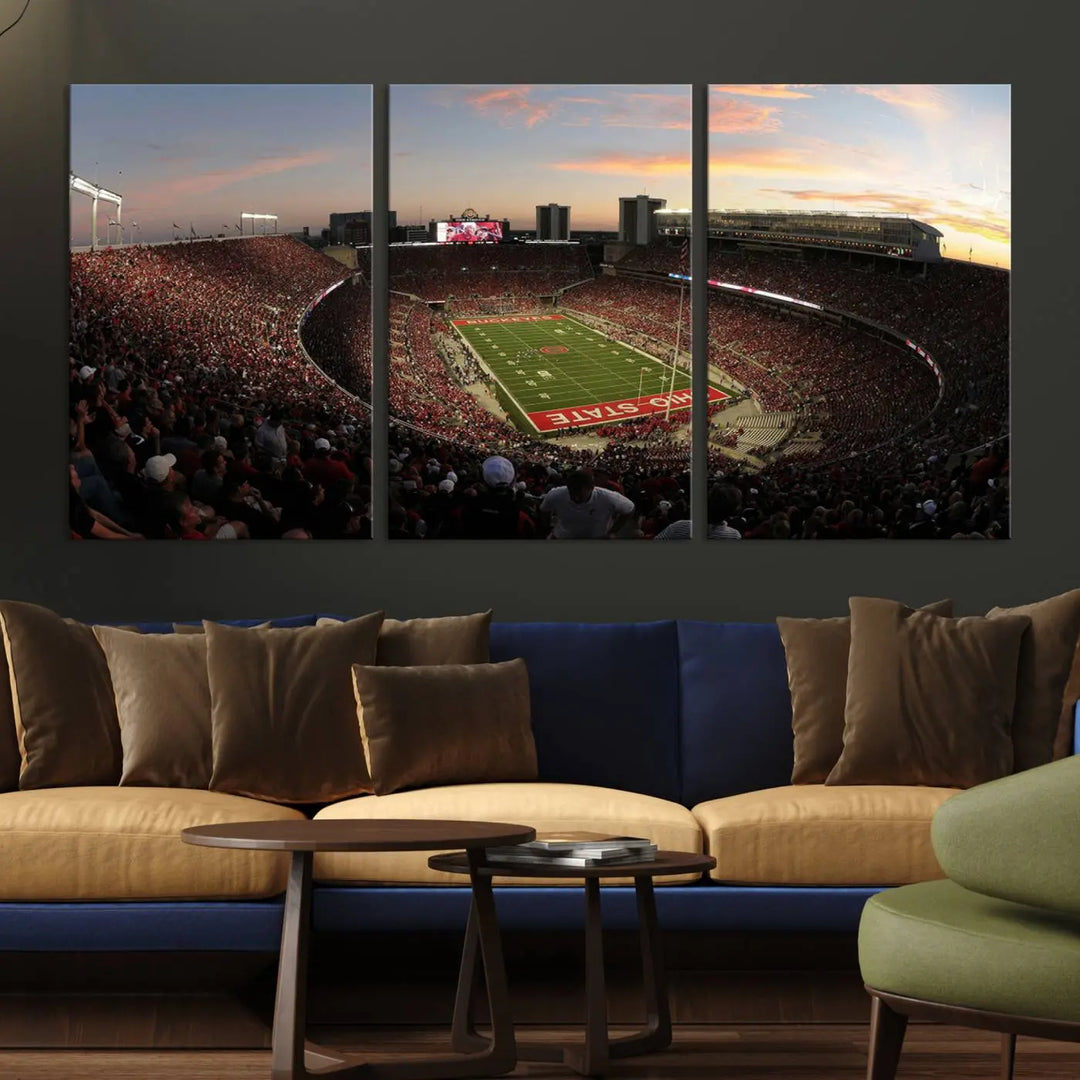 An Ohio State University Buckeyes Football Team print featuring the Columbus Ohio Stadium, beautifully crafted on premium canvas for a gallery-quality finish, adorns the wall.