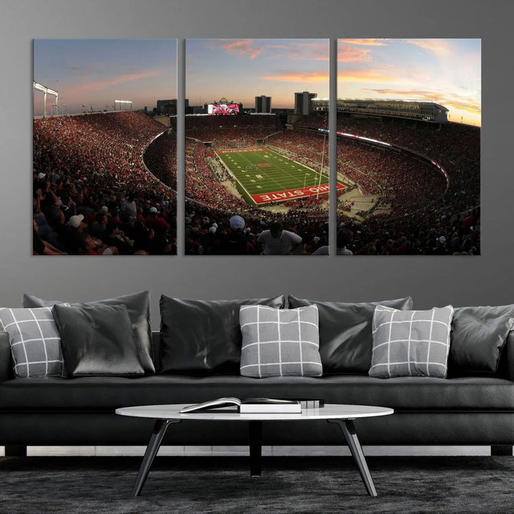 An Ohio State University Buckeyes Football Team print featuring the Columbus Ohio Stadium, beautifully crafted on premium canvas for a gallery-quality finish, adorns the wall.