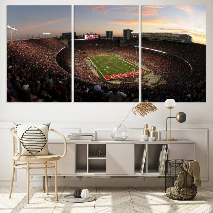 An Ohio State University Buckeyes Football Team print featuring the Columbus Ohio Stadium, beautifully crafted on premium canvas for a gallery-quality finish, adorns the wall.