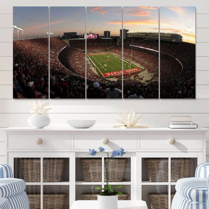 An Ohio State University Buckeyes Football Team print featuring the Columbus Ohio Stadium, beautifully crafted on premium canvas for a gallery-quality finish, adorns the wall.