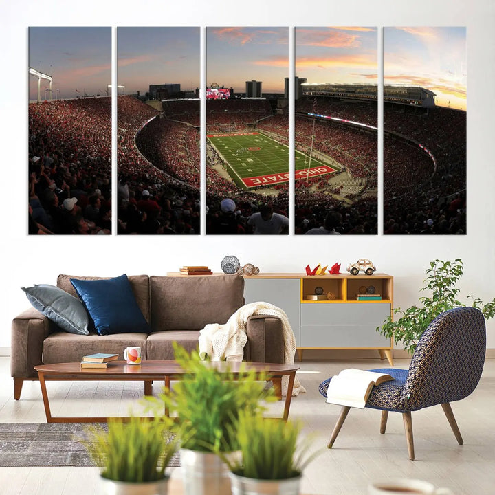 An Ohio State University Buckeyes Football Team print featuring the Columbus Ohio Stadium, beautifully crafted on premium canvas for a gallery-quality finish, adorns the wall.