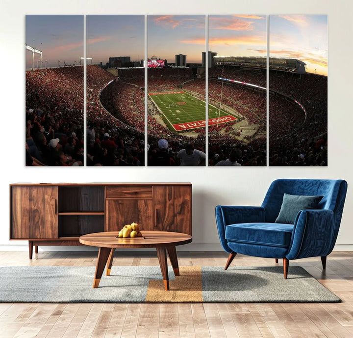 An Ohio State University Buckeyes Football Team print featuring the Columbus Ohio Stadium, beautifully crafted on premium canvas for a gallery-quality finish, adorns the wall.