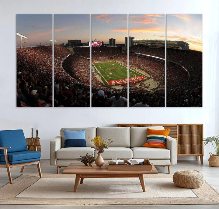 An Ohio State University Buckeyes Football Team print featuring the Columbus Ohio Stadium, beautifully crafted on premium canvas for a gallery-quality finish, adorns the wall.