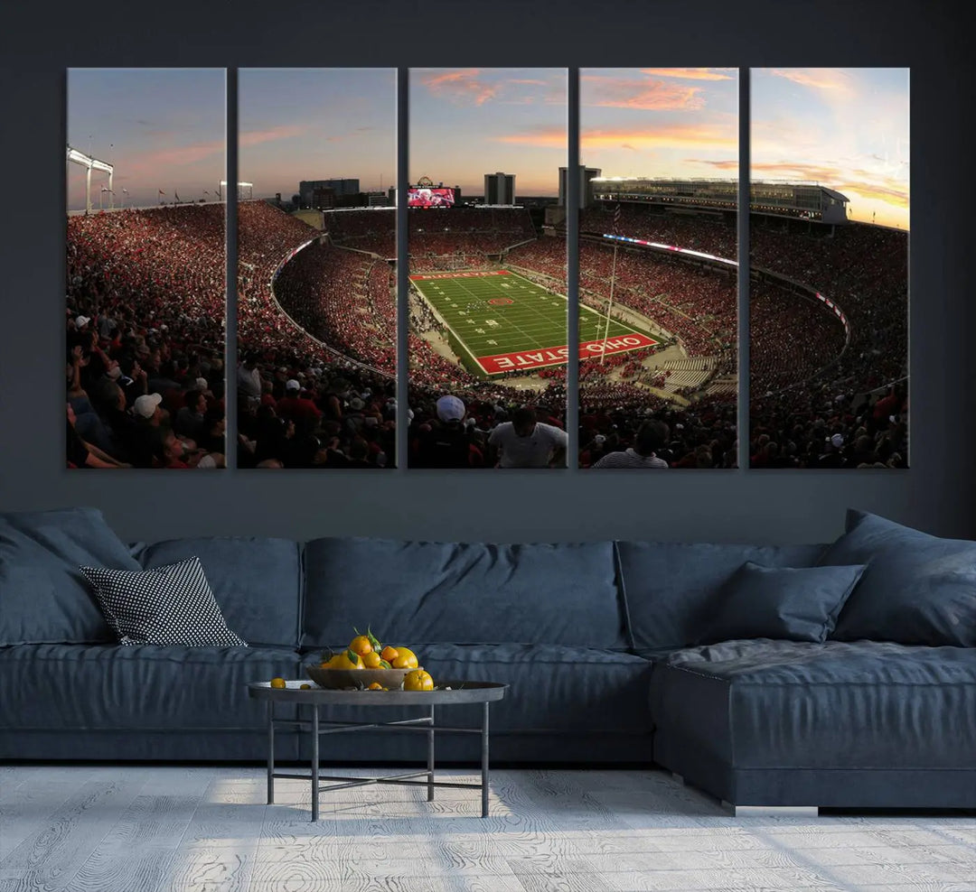 An Ohio State University Buckeyes Football Team print featuring the Columbus Ohio Stadium, beautifully crafted on premium canvas for a gallery-quality finish, adorns the wall.