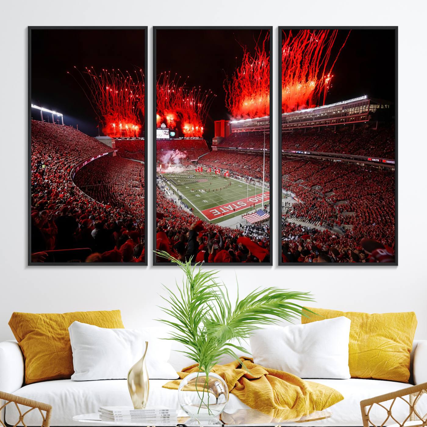 56909-MGV-FC-48X32-3P_Black-Ohio State University Buckeyes Football Team Print - Columbus Ohio Stadium Wall Art Canvas Print