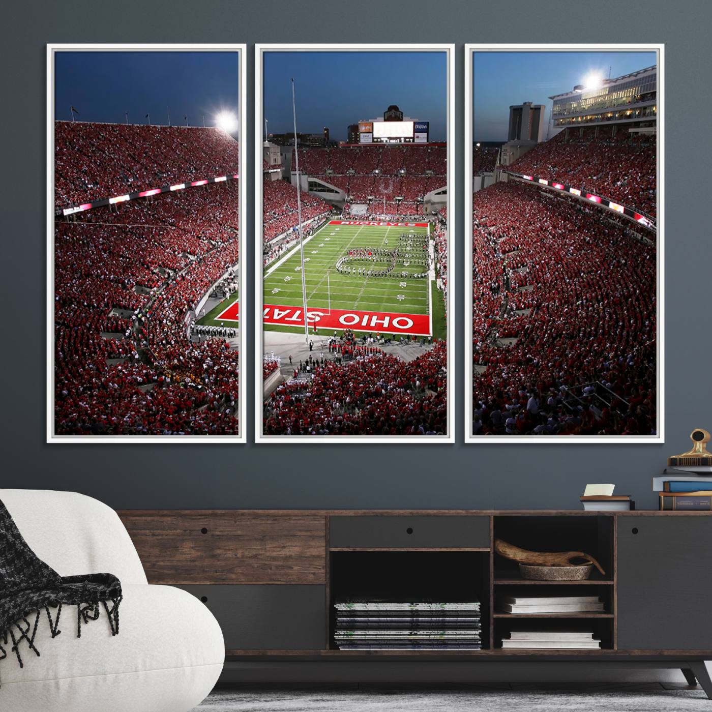 98743-MGV-FC-48X32-3P_White-Ohio State University Buckeyes Football Team Print - Columbus Ohio Stadium Wall Art Canvas Print