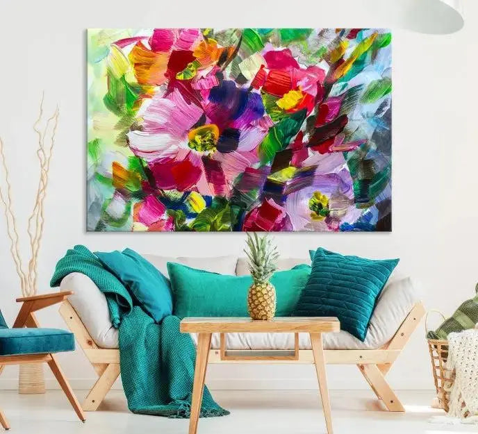 An Oil Flower Abstract Canvas Print, expertly created by a skilled artisan, is displayed above.