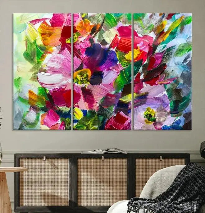 An Oil Flower Abstract Canvas Print, expertly created by a skilled artisan, is displayed above.