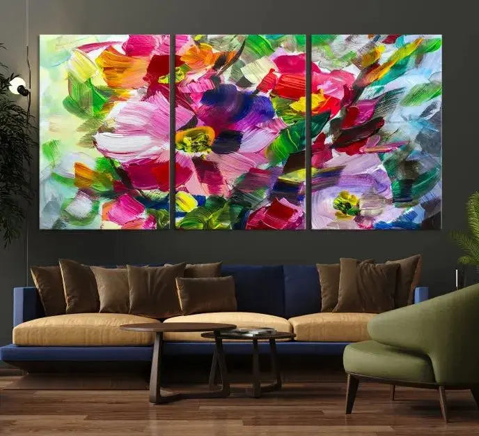 An Oil Flower Abstract Canvas Print, expertly created by a skilled artisan, is displayed above.