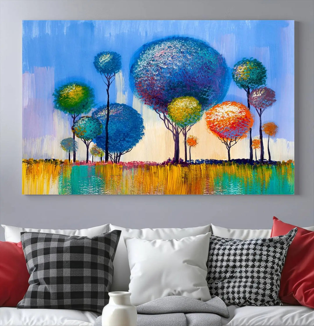 The vibrant "Oil Paint Effect Colorful Trees Wall Art Canvas Print," with its abstract depiction of round-topped trees on a blue background, is printed on museum-quality canvas and includes a UV-protective coating to maintain its bright colors.