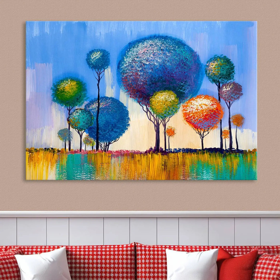 The vibrant "Oil Paint Effect Colorful Trees Wall Art Canvas Print," with its abstract depiction of round-topped trees on a blue background, is printed on museum-quality canvas and includes a UV-protective coating to maintain its bright colors.