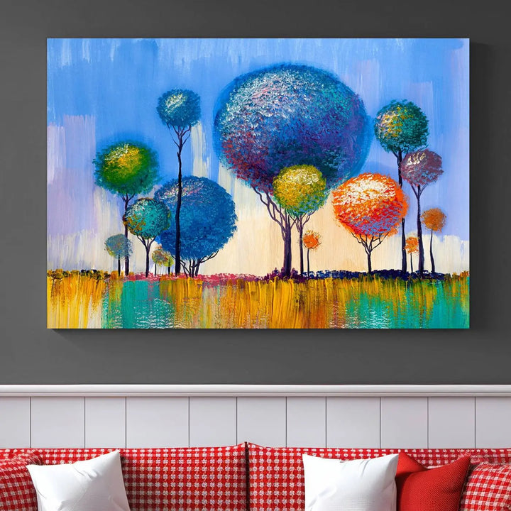 The vibrant "Oil Paint Effect Colorful Trees Wall Art Canvas Print," with its abstract depiction of round-topped trees on a blue background, is printed on museum-quality canvas and includes a UV-protective coating to maintain its bright colors.