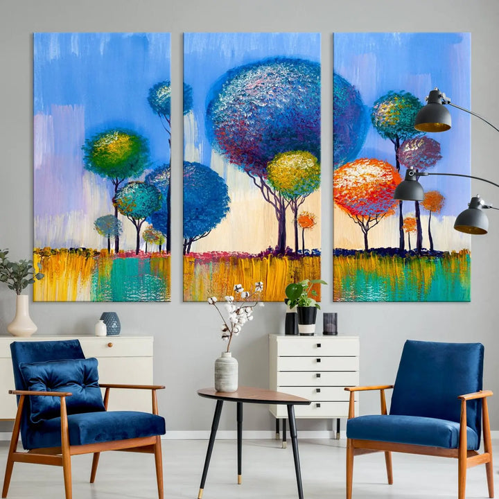 The vibrant "Oil Paint Effect Colorful Trees Wall Art Canvas Print," with its abstract depiction of round-topped trees on a blue background, is printed on museum-quality canvas and includes a UV-protective coating to maintain its bright colors.