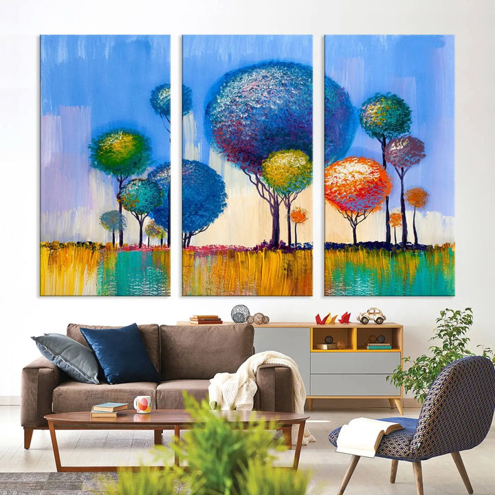 The vibrant "Oil Paint Effect Colorful Trees Wall Art Canvas Print," with its abstract depiction of round-topped trees on a blue background, is printed on museum-quality canvas and includes a UV-protective coating to maintain its bright colors.