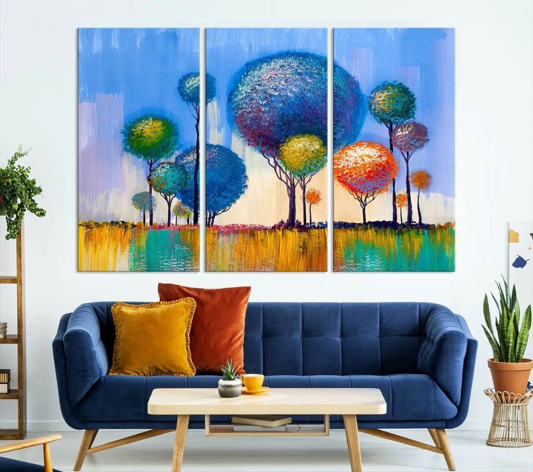 The vibrant "Oil Paint Effect Colorful Trees Wall Art Canvas Print," with its abstract depiction of round-topped trees on a blue background, is printed on museum-quality canvas and includes a UV-protective coating to maintain its bright colors.