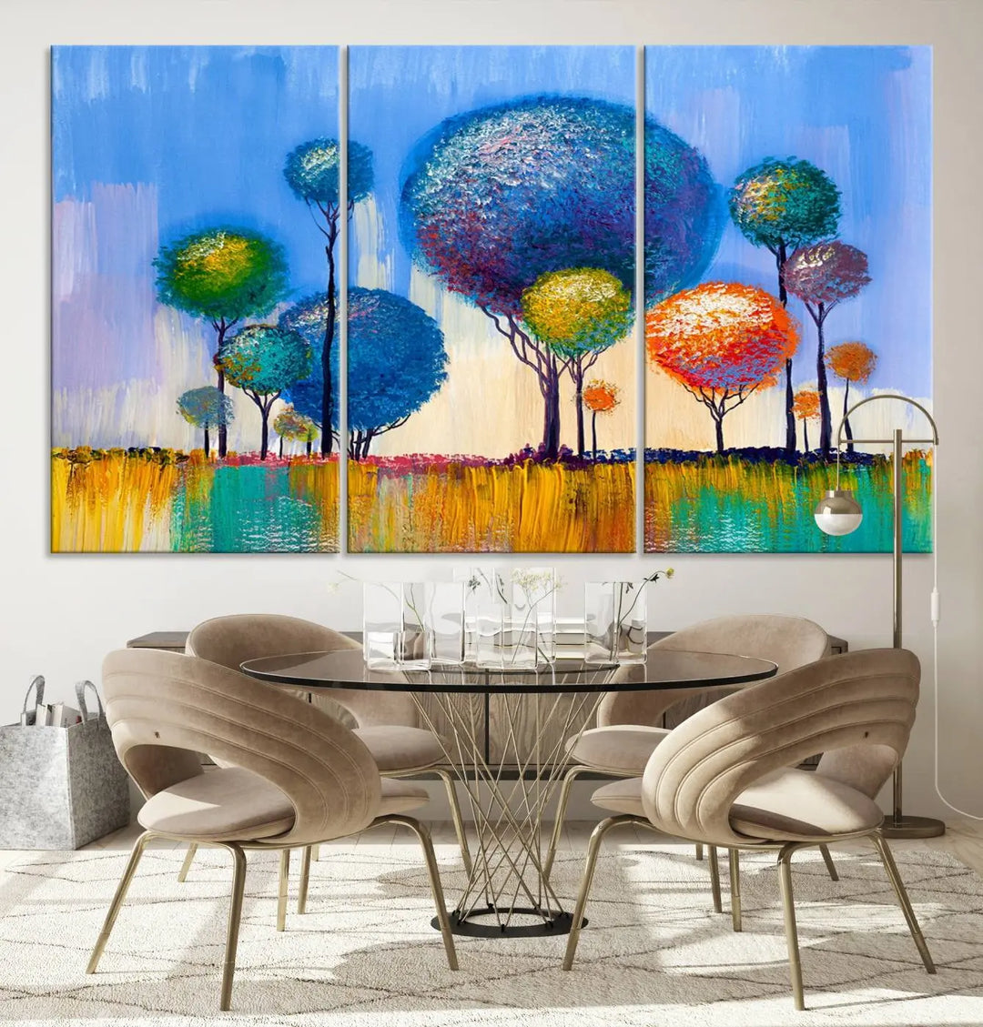 The vibrant "Oil Paint Effect Colorful Trees Wall Art Canvas Print," with its abstract depiction of round-topped trees on a blue background, is printed on museum-quality canvas and includes a UV-protective coating to maintain its bright colors.