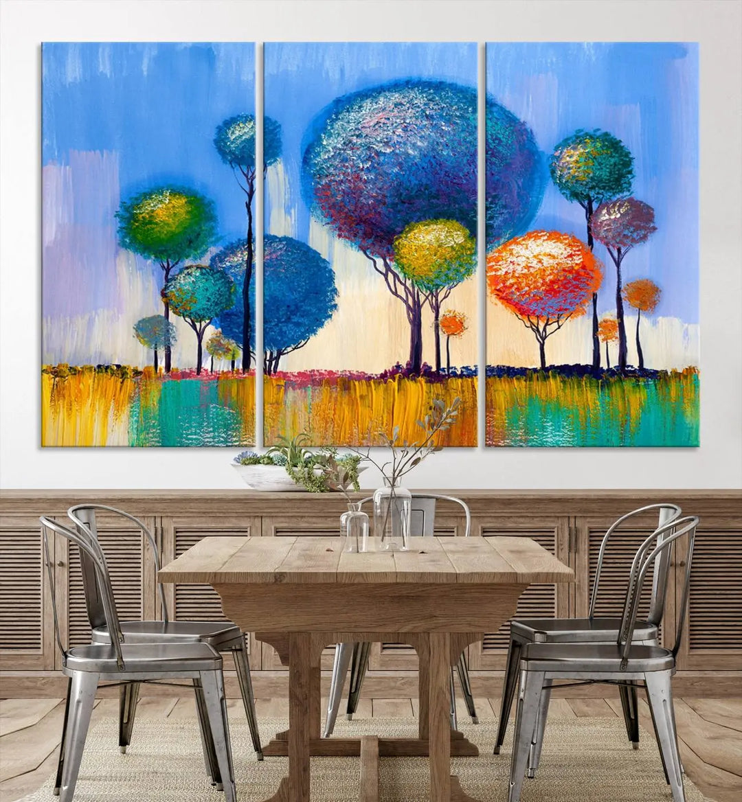 The vibrant "Oil Paint Effect Colorful Trees Wall Art Canvas Print," with its abstract depiction of round-topped trees on a blue background, is printed on museum-quality canvas and includes a UV-protective coating to maintain its bright colors.