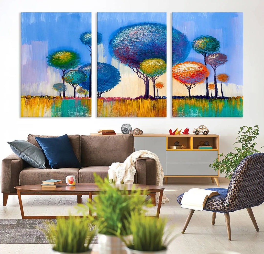 The vibrant "Oil Paint Effect Colorful Trees Wall Art Canvas Print," with its abstract depiction of round-topped trees on a blue background, is printed on museum-quality canvas and includes a UV-protective coating to maintain its bright colors.