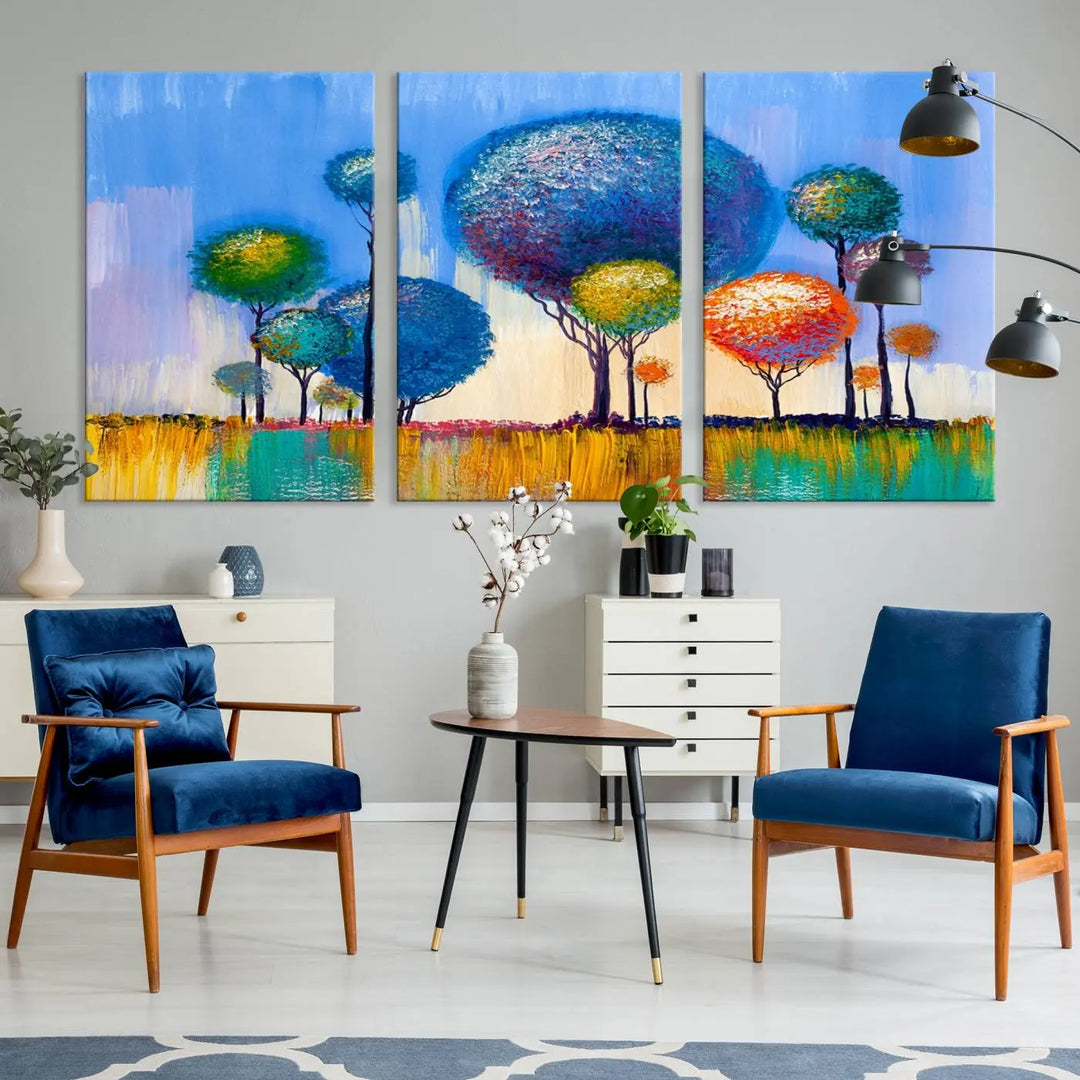 The vibrant "Oil Paint Effect Colorful Trees Wall Art Canvas Print," with its abstract depiction of round-topped trees on a blue background, is printed on museum-quality canvas and includes a UV-protective coating to maintain its bright colors.