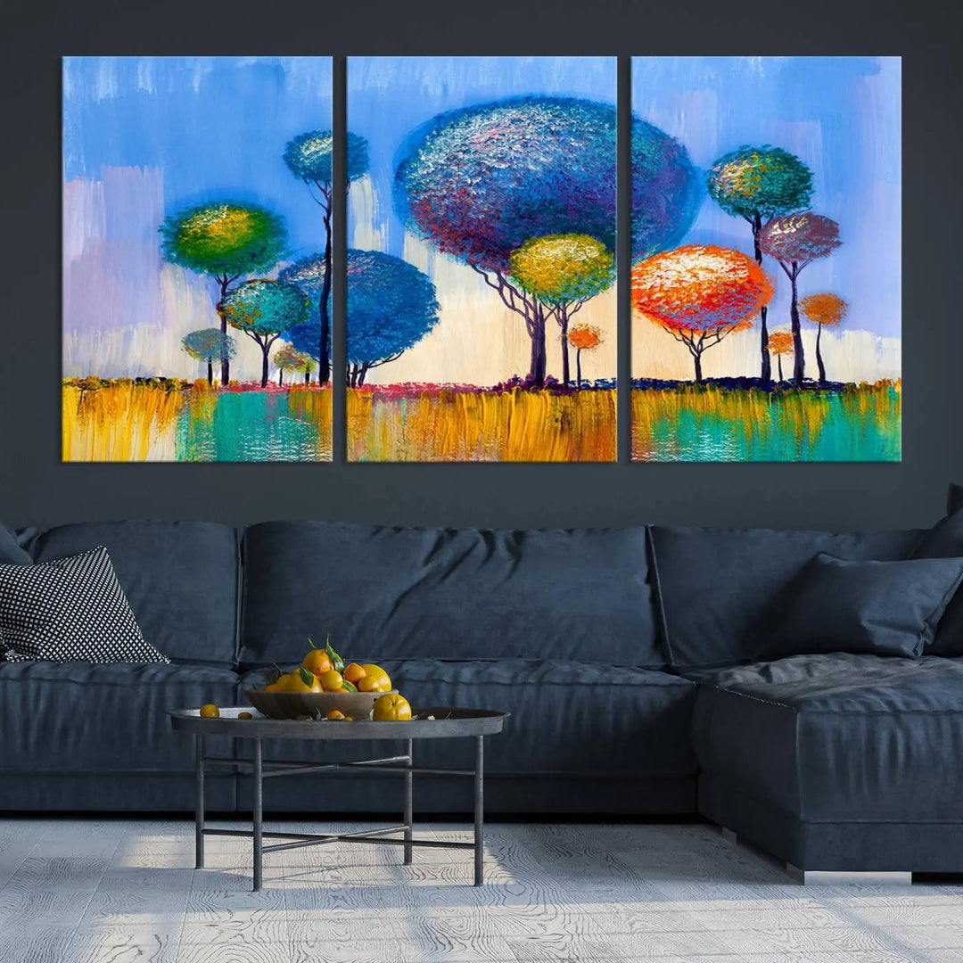 The vibrant "Oil Paint Effect Colorful Trees Wall Art Canvas Print," with its abstract depiction of round-topped trees on a blue background, is printed on museum-quality canvas and includes a UV-protective coating to maintain its bright colors.