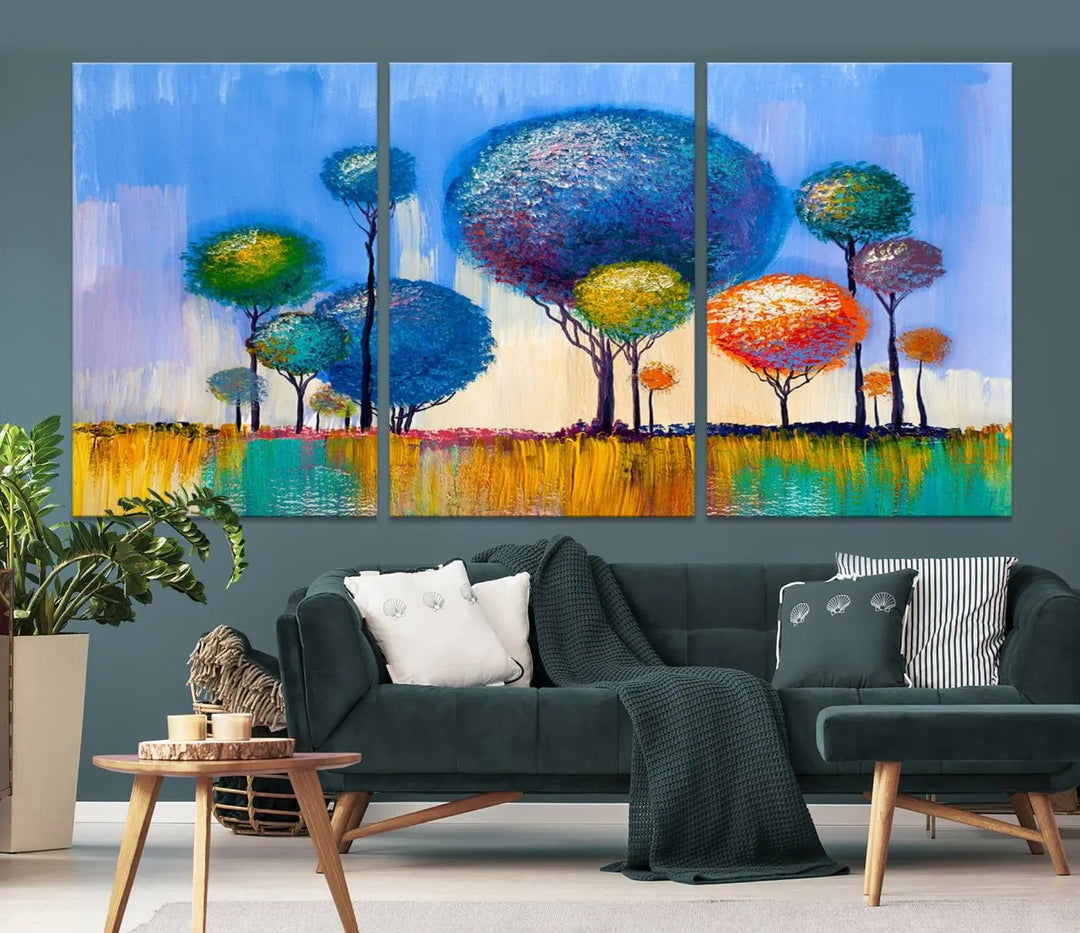 The vibrant "Oil Paint Effect Colorful Trees Wall Art Canvas Print," with its abstract depiction of round-topped trees on a blue background, is printed on museum-quality canvas and includes a UV-protective coating to maintain its bright colors.