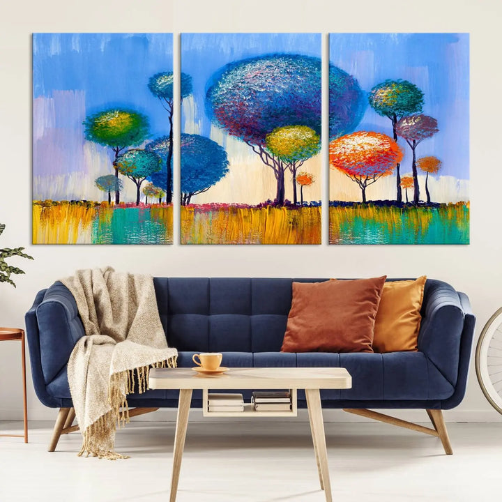 The vibrant "Oil Paint Effect Colorful Trees Wall Art Canvas Print," with its abstract depiction of round-topped trees on a blue background, is printed on museum-quality canvas and includes a UV-protective coating to maintain its bright colors.